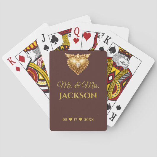 Antikes Gold Herz Paare Name & Hochzeitsdatum Spielkarten (Rückseite)