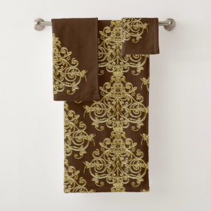 Antikes Gold- und Braundamask-Badehandtuch-Set Badhandtuch Set