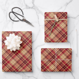 Antikes Goldbraun-Rot-Diagonal-Karomuster gemütlic Geschenkpapier Set