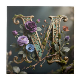 Antikes goldenes Blumenmonogramm Buchstabe M Fliese