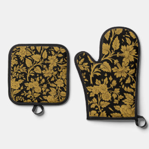 Antikes goldenes florales indisches Lack-Werk Schw Ofenhandschuh & Topflappen-Set
