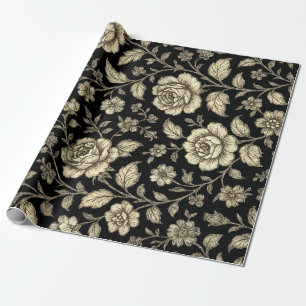 Antikes Goldrosen-Blumenmuster auf Schwarz Geschenkpapier
