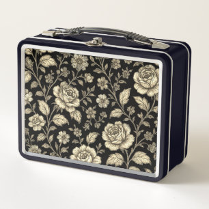 Antikes Goldrosen-Blumenmuster auf Schwarz Metall Brotdose