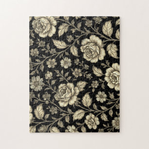 Antikes Goldrosen-Blumenmuster auf Schwarz Puzzle