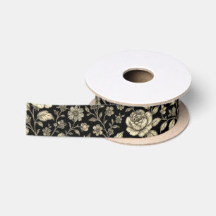 Antikes Goldrosen-Blumenmuster auf Schwarz Satinband