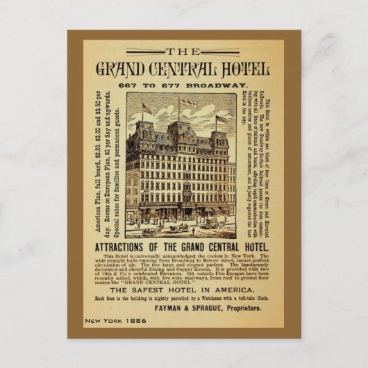 Antikes Grand Central Hotel und New York City Postkarte (Vorderseite)