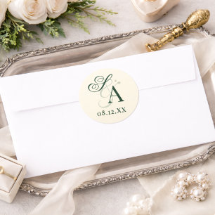 Antikes Grün und Elfenbein Old Money Monogramm Hoc Runder Aufkleber