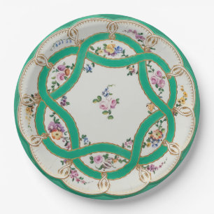 Antikes Grün- und Gold-Blumenknoten-Faux-China-Des Pappteller