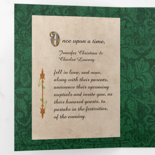 Antikes Grünes Buchmärchen Hochzeitsfest Foto Dreifach Gefaltete Einladung (Innen Erste Seite)