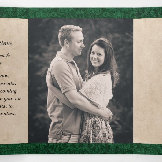 Antikes Grünes Buchmärchen Hochzeitsfest Foto Dreifach Gefaltete Einladung (Innenseite Mitte)