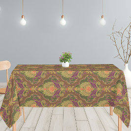 Antikes grünes, violettes und goldenes Blumenmuste Tischdecke