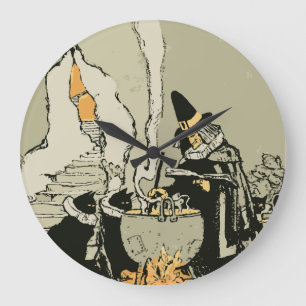 Antikes Halloween, Hexe mit Kessel und Katzen Große Wanduhr