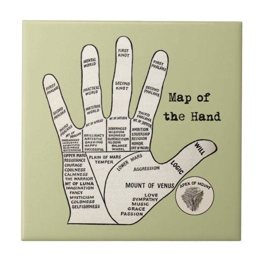 Antikes Handdiagramm zur Handlesekunst: Chiromanti Fliese (Vorderseite)