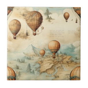 Antikes Heißluftballon-Sepia-Karten-Landschaftsbil Fliese