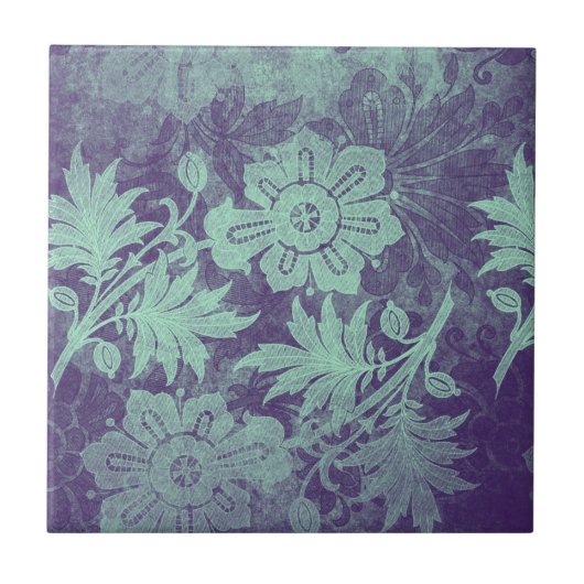 Antikes Hellgrün Lila Blumenmuster Fliese (Vorderseite)