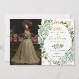 Antikes Hellgrünes Blumen-Schmetterlinge Quinceañe Save The Date