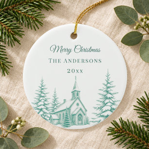 Antikes Hellgrünes Weihnachts-Toile Kirche Winter Keramik Ornament