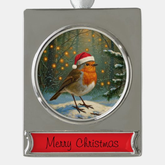 Antikes Holz Robin Weihnachtsschmuck Banner-Ornament Silber (Vorderseite)