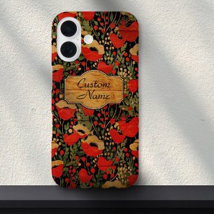 Antikes Holzkorn Mohn Blumenmuster iPhone 16 Hülle
