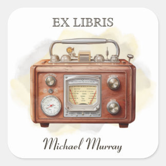 Antikes Holzradio-Exlibris Quadratischer Aufkleber