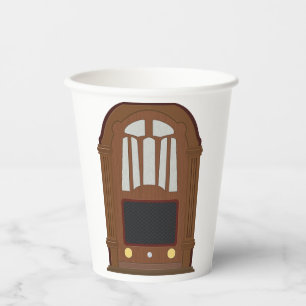 Antikes Holzstereo-Radio mit Röhren im Vintage-Loo Pappbecher
