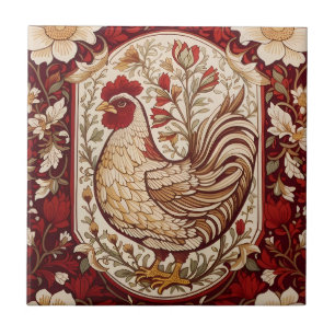 Antikes Huhn Rot und Creme Blumenmuster Fliese