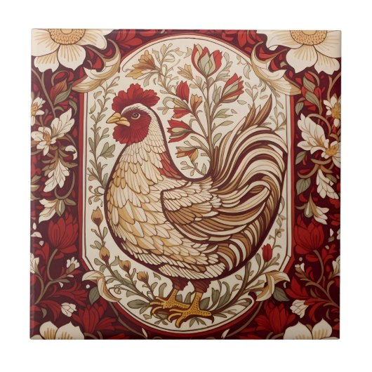 Antikes Huhn Rot und Creme Blumenmuster Fliese (Vorderseite)