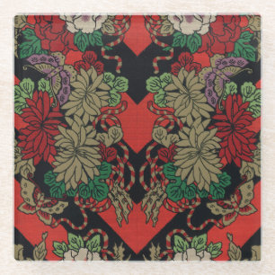 Antikes japanisches florales Pfingstrosen rot-schw Glasuntersetzer