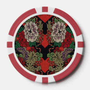 Antikes japanisches florales Pfingstrosen rot-schw Pokerchips