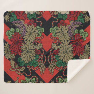 Antikes japanisches florales Pfingstrosen rot-schw Sherpadecke