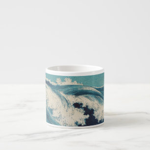 Antikes japanisches Holzblockdruck-Blauer-Ozean-We Espressotasse