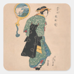 Antikes japanisches Kimono-Frauen-Ukiyo-e-Holzschn Quadratischer Aufkleber