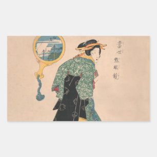 Antikes japanisches Kimono-Frauen-Ukiyo-e-Holzschn Rechteckiger Aufkleber
