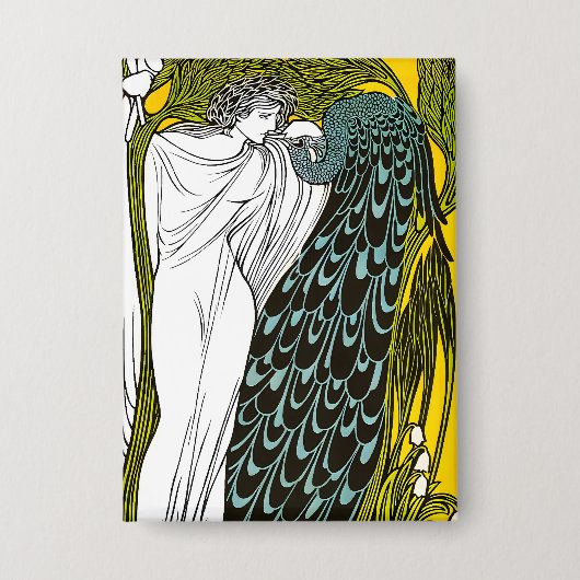 Antikes Jugendstil-Plakat Frau und Pfau Button (Vorderseite)