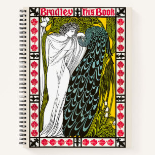 Antikes Jugendstil-Plakat Frau und Pfau Notizblock