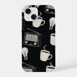Antikes Kaffee-Radio-Glühbirnen-Muster-Stoff iPhone 15 Hülle