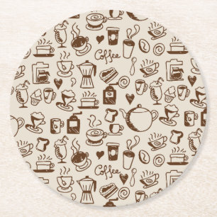 Antikes Kaffee Shop Line-Art-Muster Warm Beige Runder Pappuntersetzer