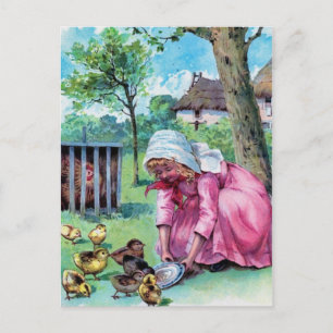 Antikes kleines Mädchen mit Babyküken Postkarte