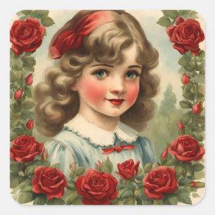 Antikes kleines Mädchen mit Rosen Quadratischer Aufkleber