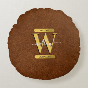 Antikes Kunstleder & Gold-Monogramm Rundes Kissen
