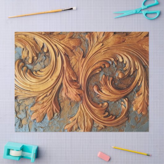 Antikes Kupfer rostig Barockschmuck staubig blau Seidenpapier (Basteln)