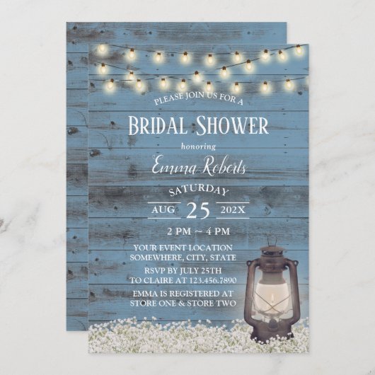 Antikes Laternengebirge Rustikales Dusty Blue Brau Einladung (Vorne/Hinten)