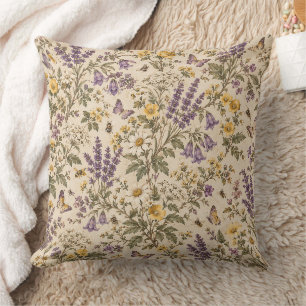 Antikes Lavendel- & Wildblumen-Wiesen-Muster Kissen