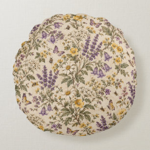 Antikes Lavendel- & Wildblumen-Wiesen-Muster Rundes Kissen
