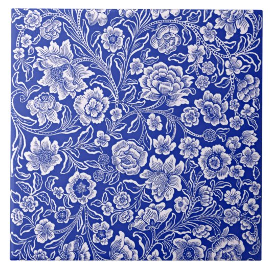 Antikes leuchtend blaues Blumenmuster Fliese (Vorderseite)