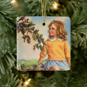 Antikes Mädchen beobachtet Vögel in einem Baum, Fr Keramikornament