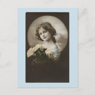 Antikes Mädchen in Blau Weiße Rosen Postkarte