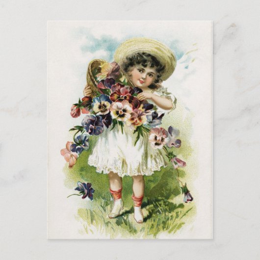 Antikes Mädchen mit Stiefmütterchen Postkarte (Vorderseite)