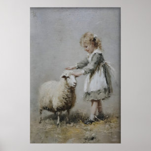 Antikes Mädchen und Schaf Druck, Vintage Farmhaus Poster