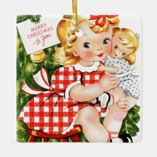 Antikes Mädchen von 1950 mit Puppe Keramikornament